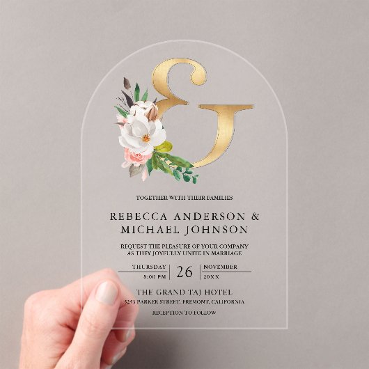 Invitations En Acrylique Magnolia Floral Gold Ampersand Wedding (In situ (ordinateur de poche))