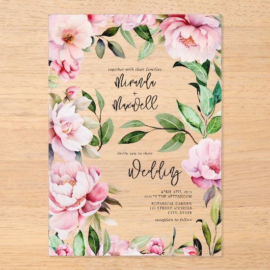 Invitations En Acrylique Magnolia Peony Mariage d'aquarelle rose (Recto)