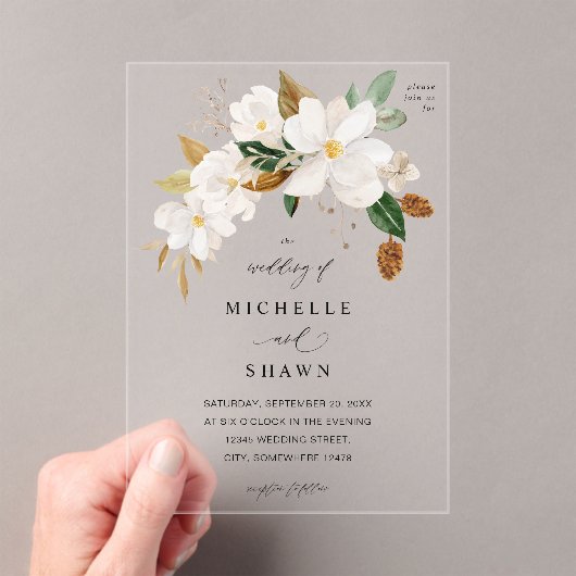 Invitations En Acrylique Magnolia White Floral Mariage (In situ (ordinateur de poche))