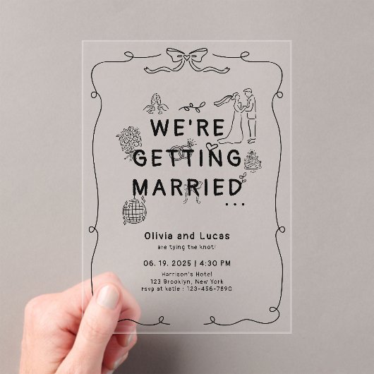 Invitations En Acrylique Main romantique dessinée Whimsical Black Blanc Mar (In situ (ordinateur de poche))