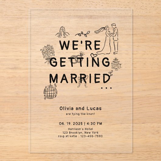 Invitations En Acrylique Main romantique tirée Whimsical Mariage noir (Recto)