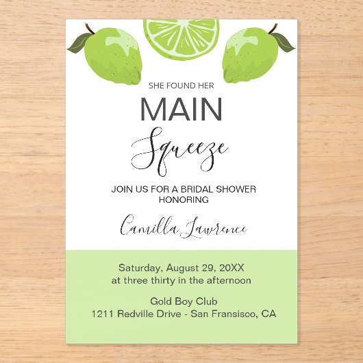Invitations En Acrylique Main Squeeze Tropical Citrus Green Bridal Shower  (Recto)