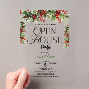 Invitations En Acrylique Maison Ouverte de Noël Élégante Florale au Houx