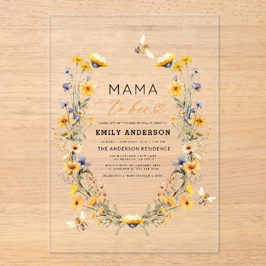 Invitations En Acrylique Mama sera Fleur sauvage Baby shower neutre pour le (Recto)