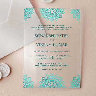 Invitations En Acrylique Mandala indien sarcelle ethnique Mariage indien