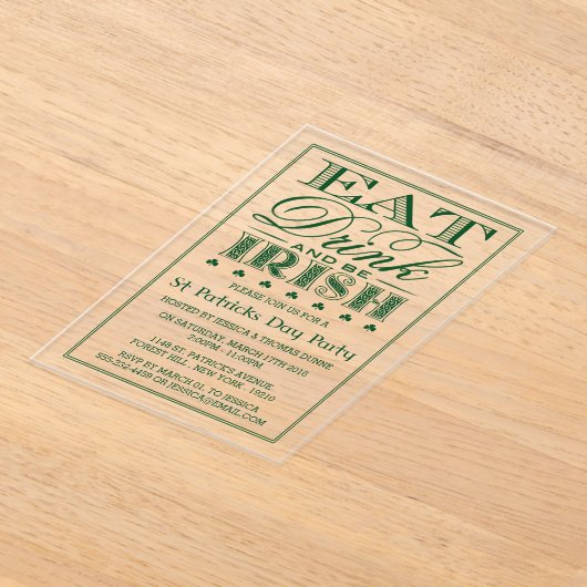 Invitations En Acrylique Manger, boire et être irlandais St. Patrick's Day (Poser)