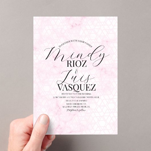 Invitations En Acrylique Marble Abstract Pink Wedding Script Black  (In situ (ordinateur de poche))