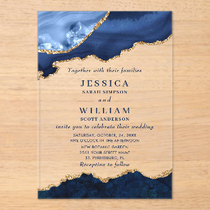 Invitations En Acrylique Marbre bleu marine moderne Mariage d'âge