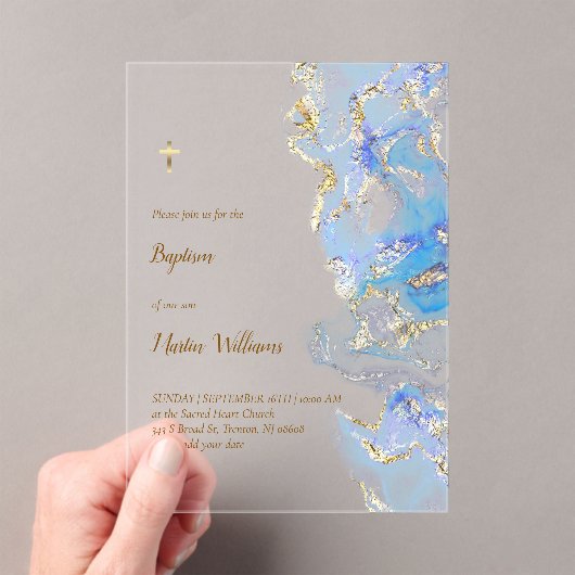 Invitations En Acrylique marbre bleu pastel Baptême (In situ (ordinateur de poche))