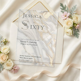 Invitations En Acrylique Marbre floral monogramme filon d'or 60e anniversai