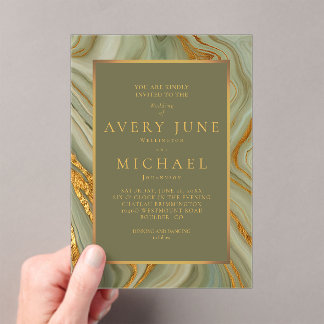 Invitations En Acrylique Marbre Onyx Vert Sauge Avec Or