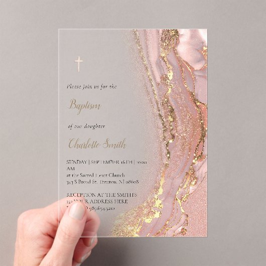 Invitations En Acrylique marbre rose | Baptême (In situ (ordinateur de poche))