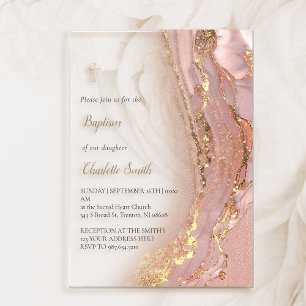 Invitations En Acrylique marbre rose   Baptême