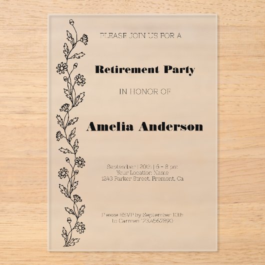 Invitations En Acrylique Marche de retraite moderne classe noir (Recto)