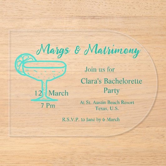 Invitations En Acrylique Marges turquoise & Mariage Tequila célibataire en  (Recto)