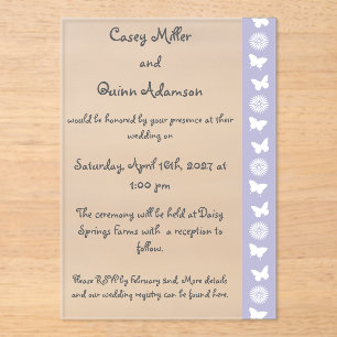 Invitations En Acrylique Marguerites et Papillons dans un Mariage Lavande