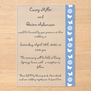 Invitations En Acrylique Marguerites et Papillons dans un Mariage Pervenche