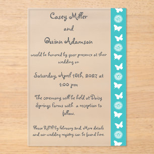 Invitations En Acrylique Marguerites et Papillons dans un Mariage Turquoise
