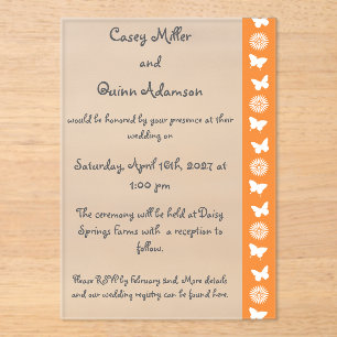 Invitations En Acrylique Marguerites et Papillons en Acrylique Orange pour