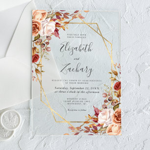 Invitations En Acrylique Mariage à cadre doré floral automnal aquarelle