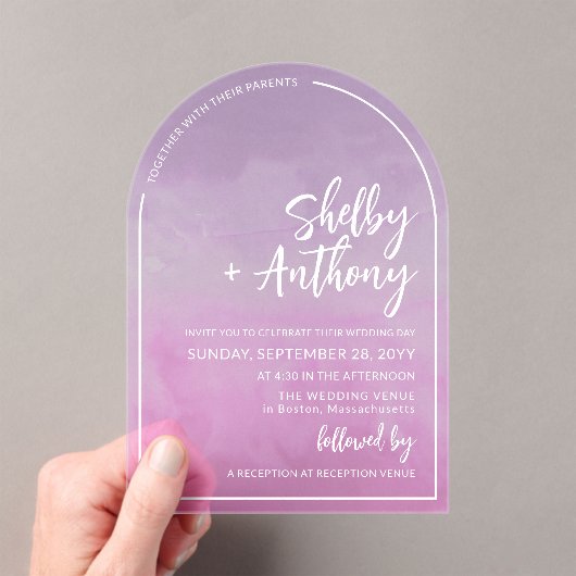 Invitations En Acrylique Mariage à cadre violet violet violet pastel nuageu (In situ (ordinateur de poche))