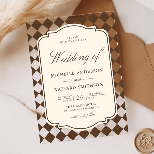 Invitations En Acrylique Mariage à carreaux ivoire marron argent ancien