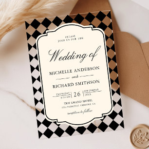Invitations En Acrylique Mariage à carreaux ivoire noir à l'ancienne