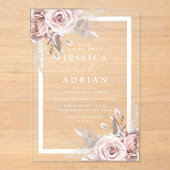 Invitations En Acrylique Mariage à charpente florale Bleu et Rose (Recto)