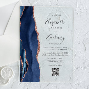 Invitations En Acrylique Mariage à code QR Rose Gold et Agate Bleu Marine