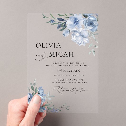 Invitations En Acrylique mariage à fleurs bleues et tendance (In situ (ordinateur de poche))