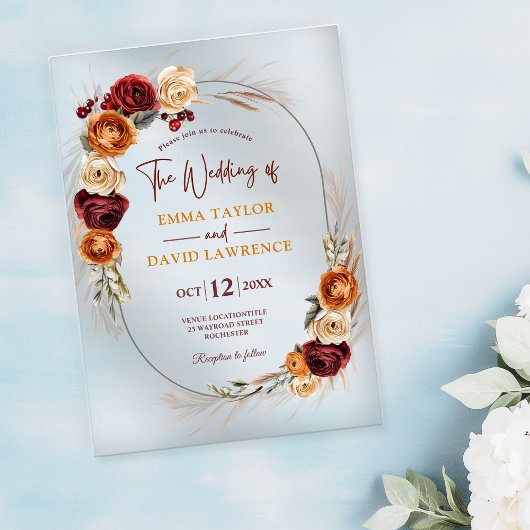 Invitations En Acrylique Mariage à fleurs chic en terre cuite orange