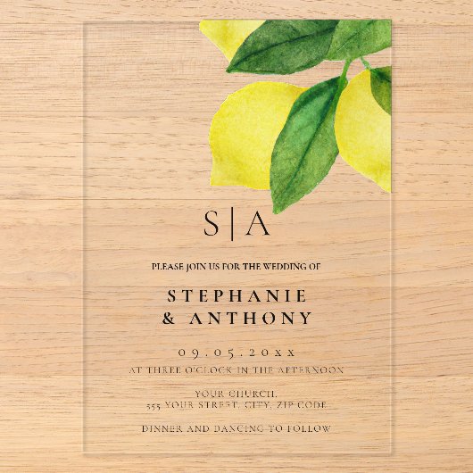 Invitations En Acrylique Mariage à la branche de citron Monogramme (Recto)