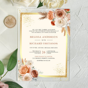 Invitations En Acrylique Mariage à la Crème de Fleur de Terracotta Or