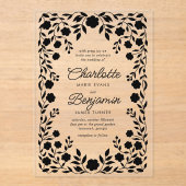 Invitations En Acrylique Mariage à la frontière florale ornée noire (Recto)