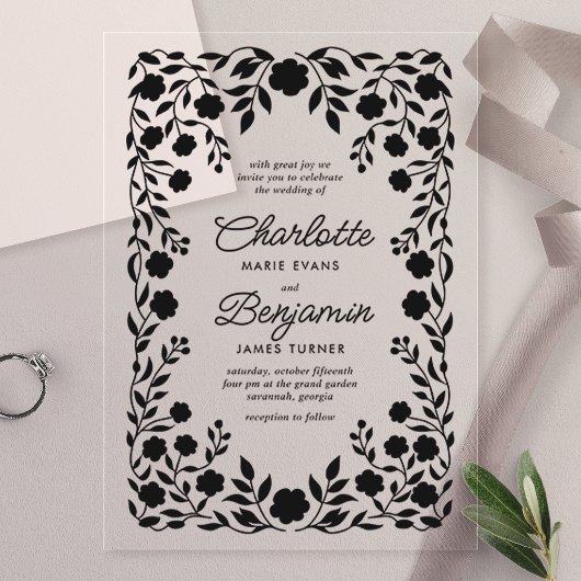 Invitations En Acrylique Mariage à la frontière florale ornée noire