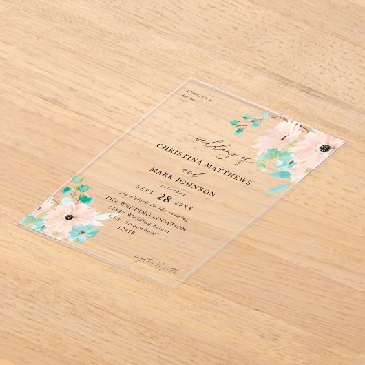 Invitations En Acrylique Mariage à la menthe verte et rose (Poser)