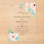 Invitations En Acrylique Mariage à la menthe verte et rose (Recto)