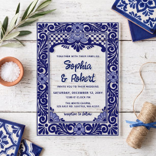 Invitations En Acrylique Mariage à la Talavera Bleue Mexicaine