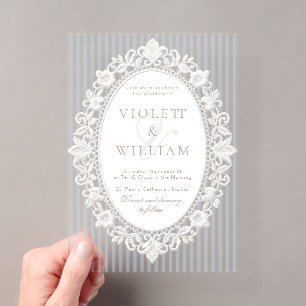 Invitations En Acrylique Mariage à l'ancienne dentelle rayures bleues