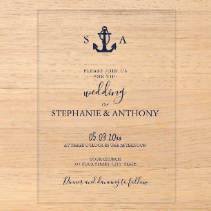 Invitations En Acrylique Mariage à l'ancre bleu marine Monogramme