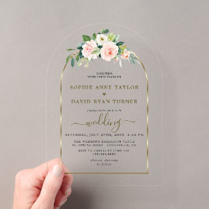 Invitations En Acrylique Mariage à l'aquarelle Fleurs Blanches Rose Arc Dor