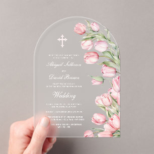 Invitations En Acrylique Mariage à l'arche de tulipes à l'aquarelle