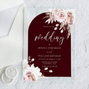 Invitations En Acrylique Mariage à l'arche florale rose burgundy profond