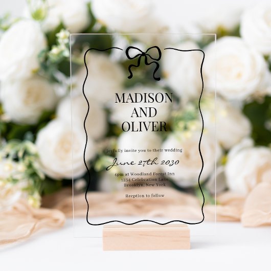 Invitations En Acrylique Mariage à l'élégance noire avec nœud papillon fant