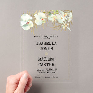 Invitations En Acrylique Mariage à l'orchidée blanche en or avec police de