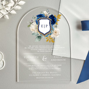 Invitations En Acrylique Mariage à monogramme à couronne florale bleu royal