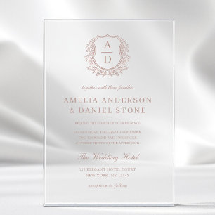 Invitations En Acrylique Mariage à monogramme à couronne florale Rose Pouss