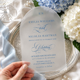 Invitations En Acrylique Mariage à Monogramme Bleu en Forme d'Arche