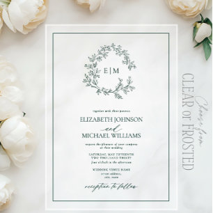 Invitations En Acrylique Mariage à monogramme de crête de feuilles vert éme