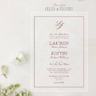 Invitations En Acrylique Mariage à monogramme en écriture burgonde classiqu